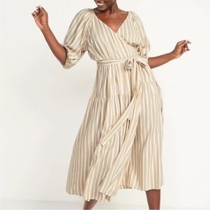 Old Navy Waisted-Defined Striped Tie-Belt Midi Wrap Dress | Size Small